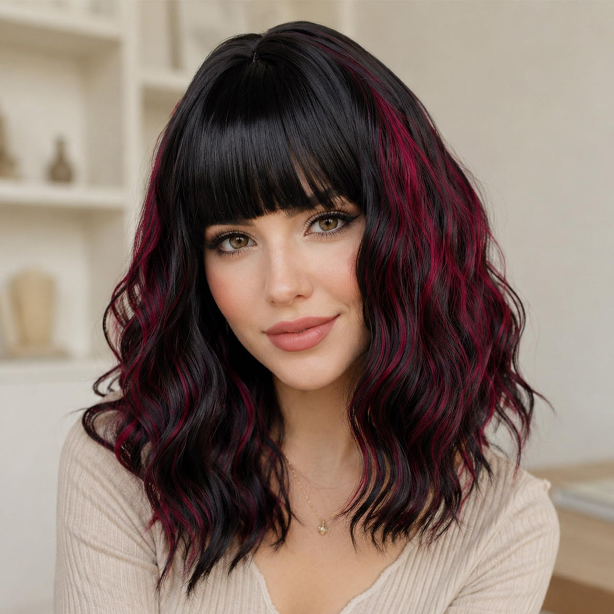 Short Black-grey Wavy Wig with Bangs for Women Halloween Curly Bob Wigs