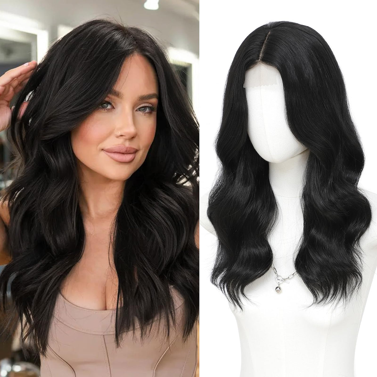 MORICA Ombre Dark Green Wigs for Women, 18 Inch Wavy Middle Part Wig