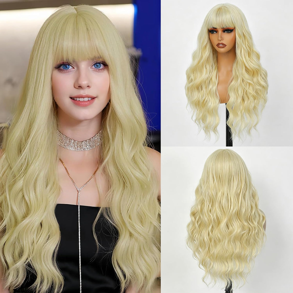 Burgundy Wig with Bangs for Women, Long Wavy Red Wig 26 Inch Wigs Heat Resistant Sythetic Wig for Daily Party Use