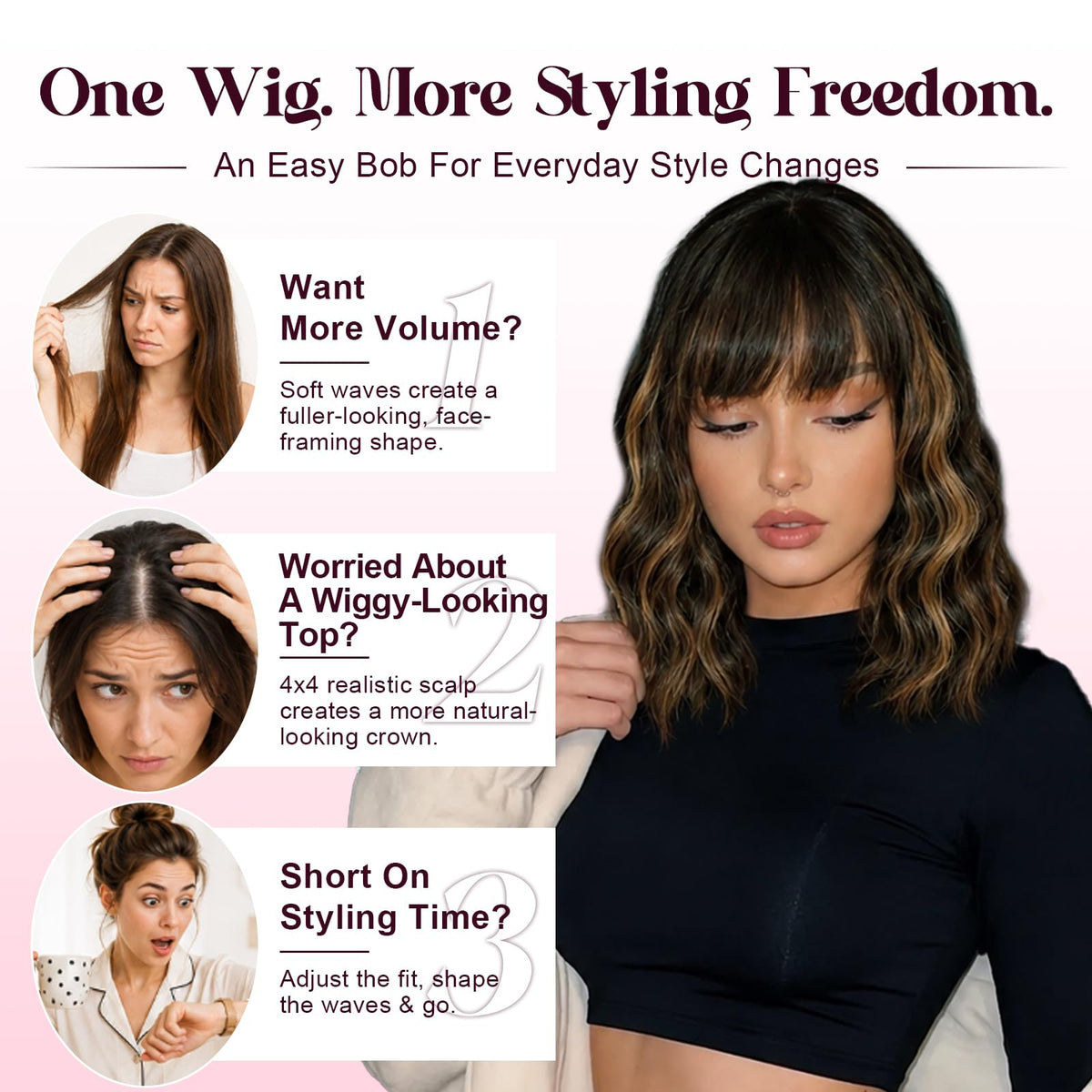 NOSTALGIA Wigs for Women, Short Wavy Bob Wig with Bangs, Trimmable Bangs, Shoulder Length, Black To Brown Heat Resistant Synthetic Wig for Daily Party Use, 14 Inch