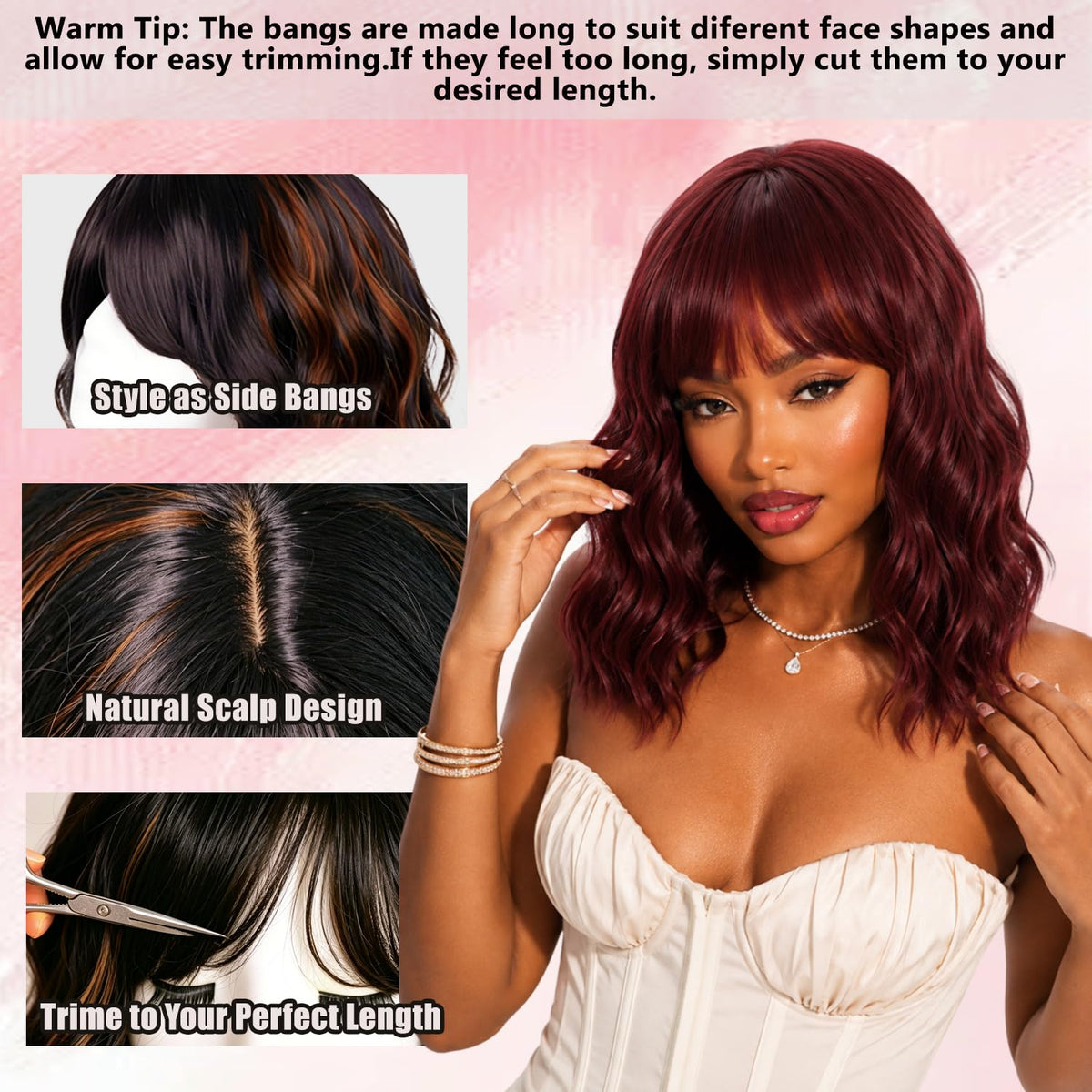 Short Wavy Wig with Bangs Black Mixed Brown Bob Curly Wigs for Women 14inch