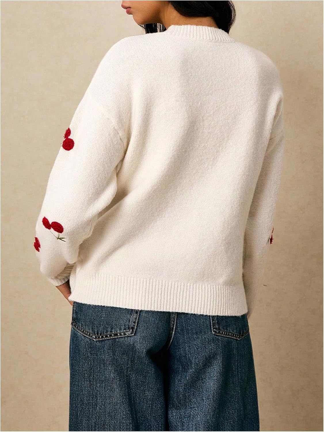MakeMeChic Women's Cherry Embroidery Sweater Pullovers