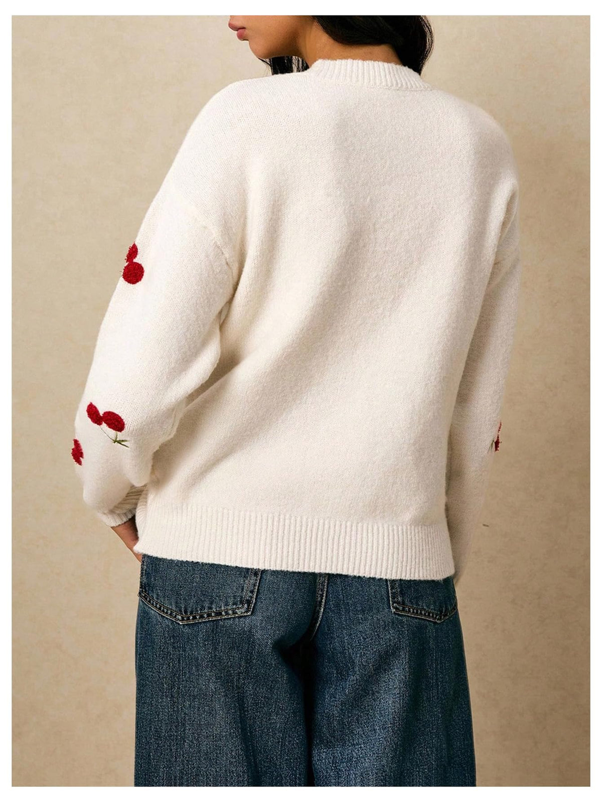 MakeMeChic Women's Cherry Embroidery Sweater Pullovers