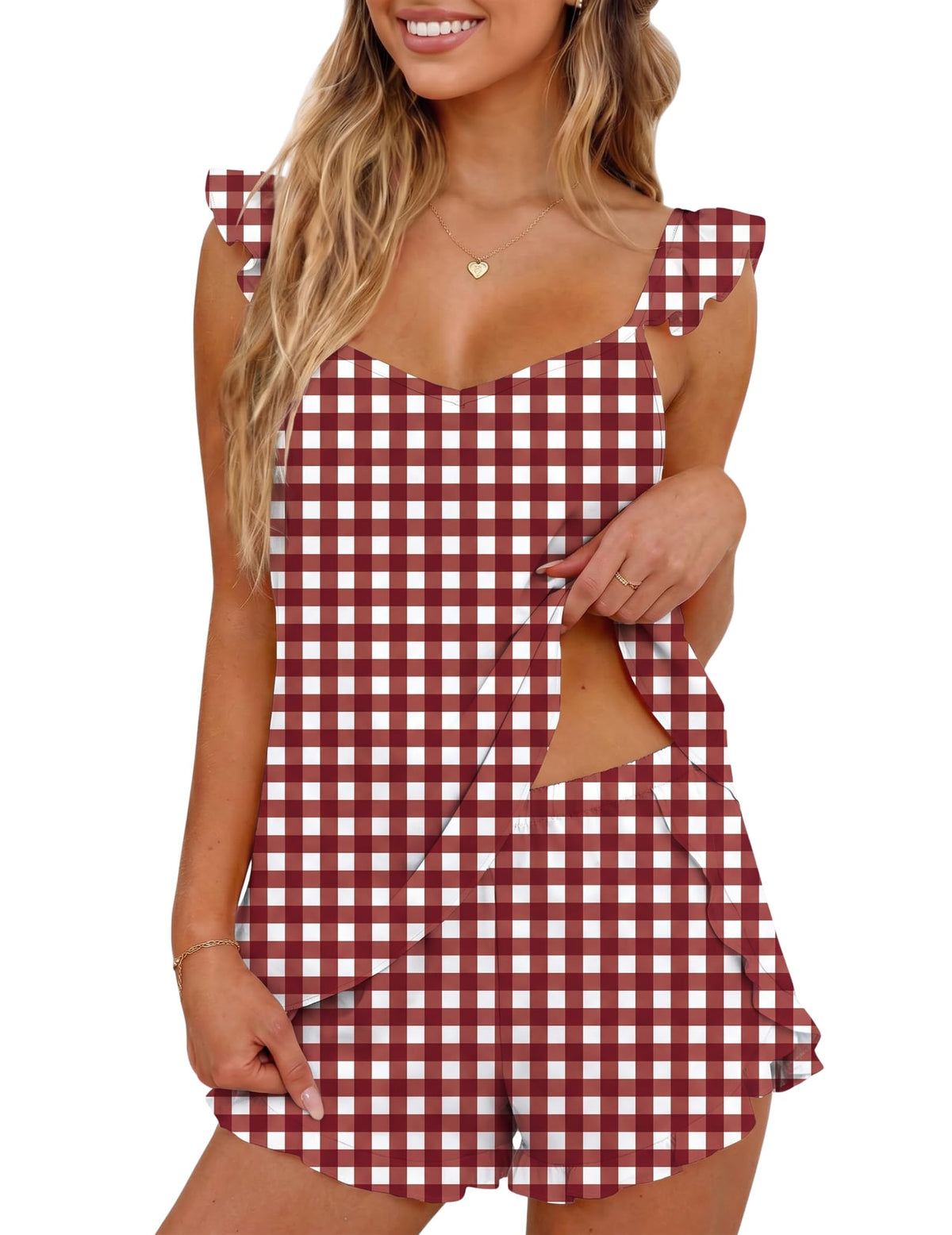 Ekouaer Pajamas for Women set 2 Piece Ruffle Tank Top Split Leg Cami Shorts