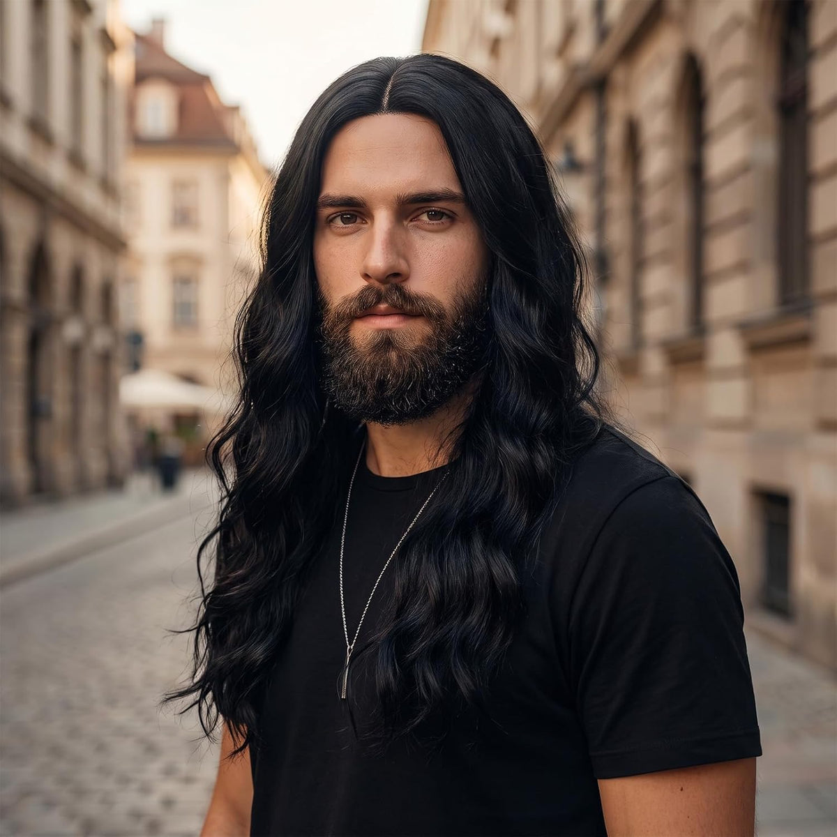 Black Male Wig Long Wavy Black Wig Shoulder Length for Halloween Cosplay