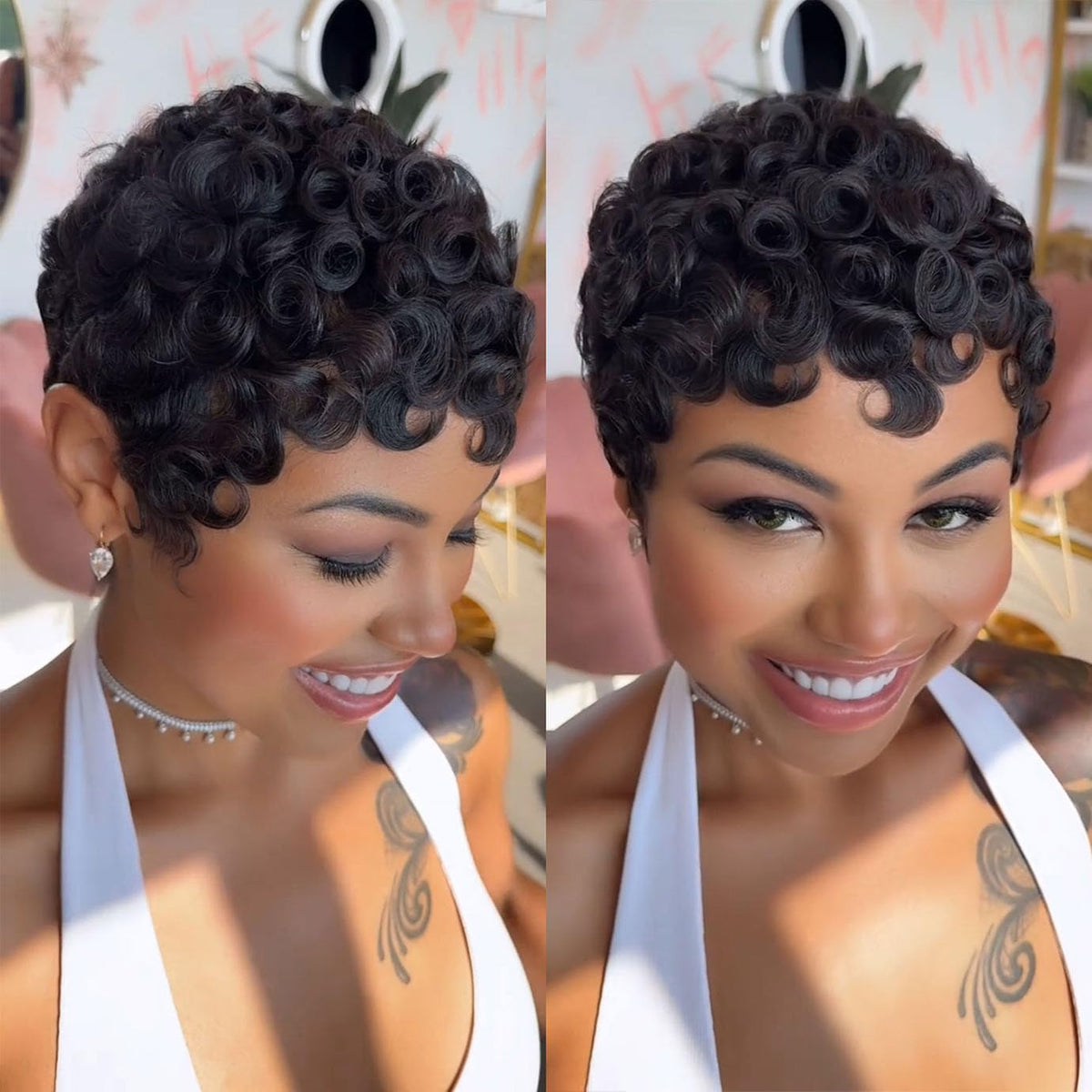 VRZ Pixie Cut Wigs for Black Women Brazilian Curly Pixie Cut Wig Human Hair Glueless Short Layered Wigs With Bangs Natural Black Color No Glue Human Hair Wig for Daily Use