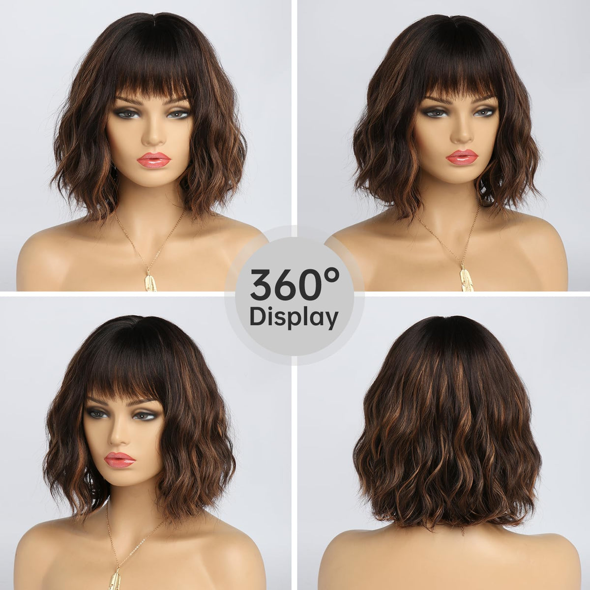 White Silver Wigs for Women Ombre Grey Wavy Bob Short Wigs with Bangs Medium Length Synthetic Hair Water Wave Dark Roots Wig Gray Colorful Wigs（14 Inches）