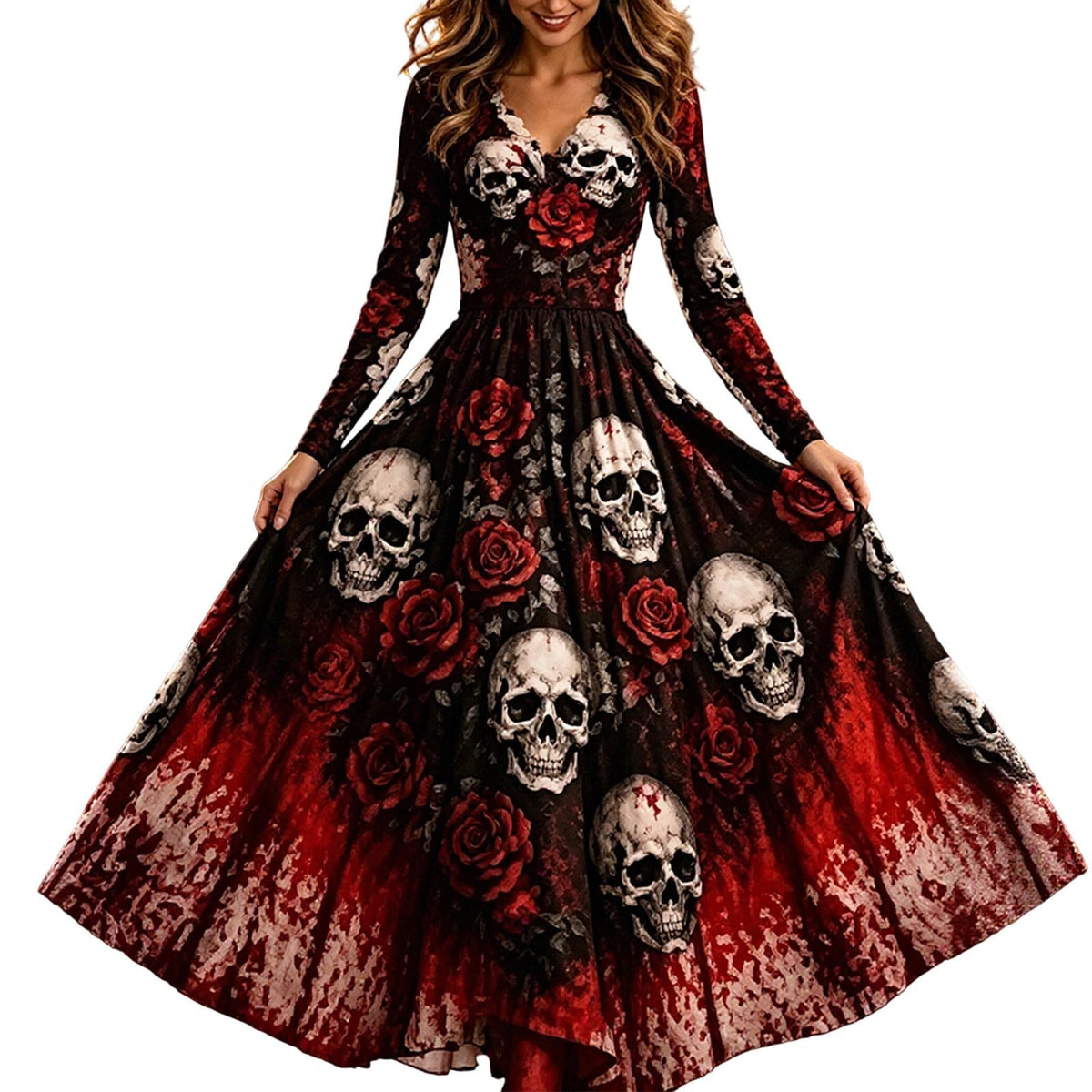 Halloween Dresses For Women V-Neck Skull Print Witch Costumes Gothic Dress