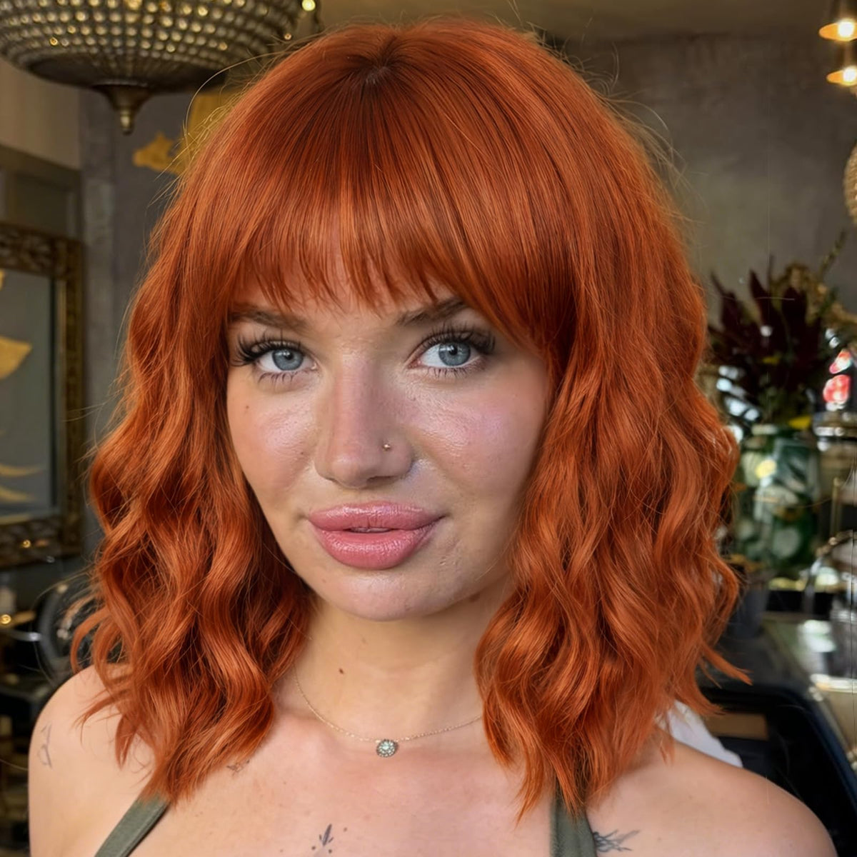 Nnzes Short Wavy Bob Wig with Bangs for Women Shoulder Length Curly Dark Brown with Purple Synthetic Heat-Resistant Fiber Hair for Daily & Party Use