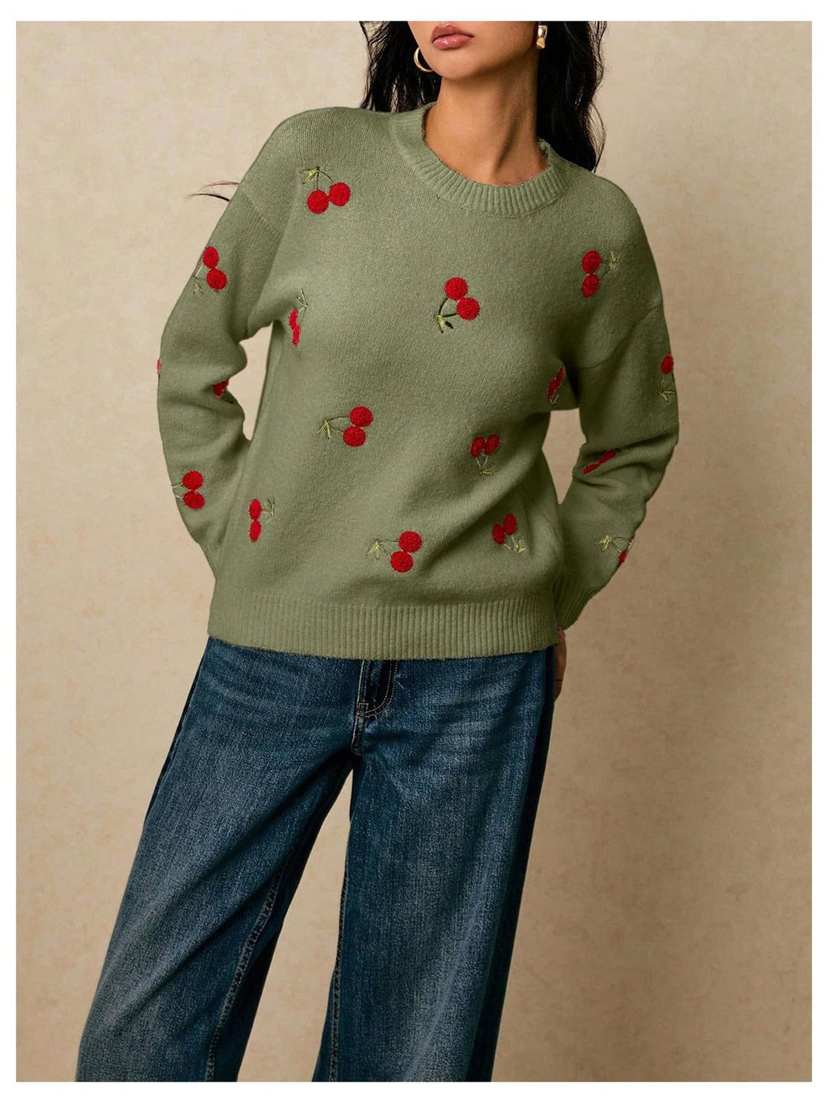 MakeMeChic Women's Cherry Embroidery Sweater Pullovers