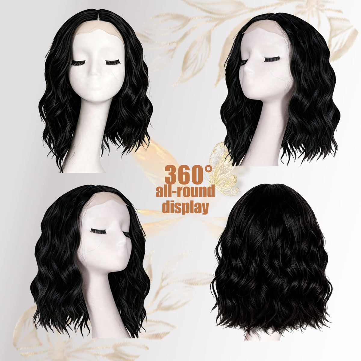 Short Wavy Wig with Bangs Black Mixed Brown Bob Curly Wigs for Women 14inch