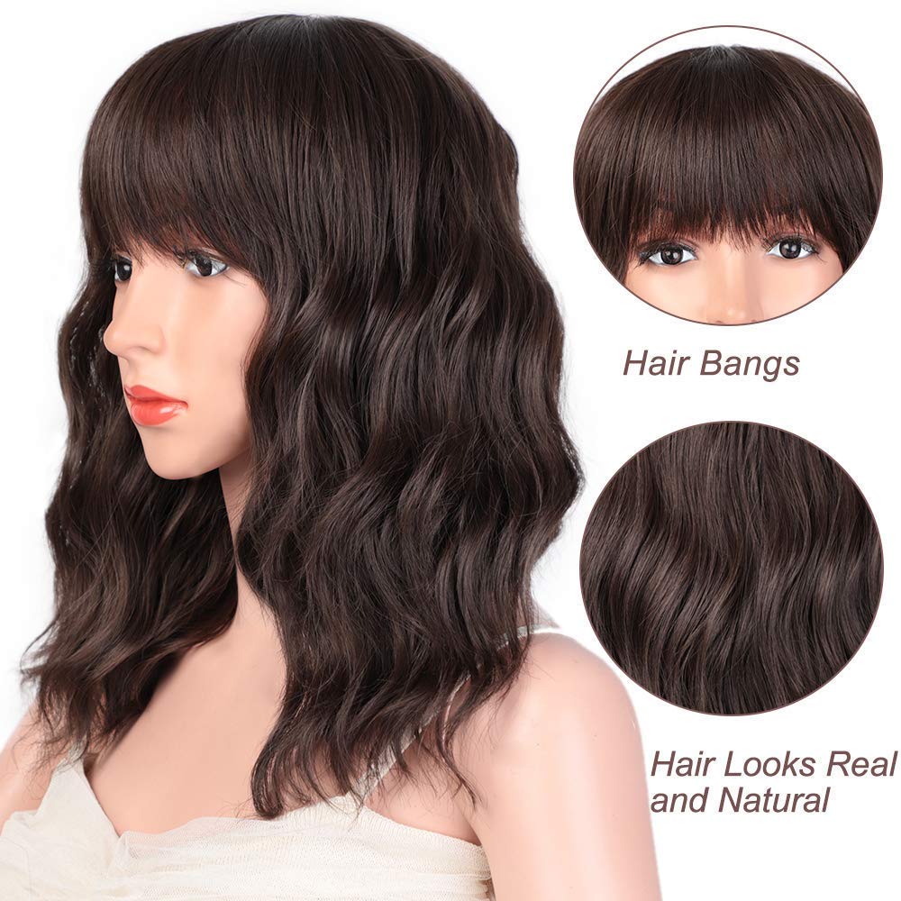 Black Mixed Brown Wig for Black Women Short Wavy Curly Bob Wig with Bangs