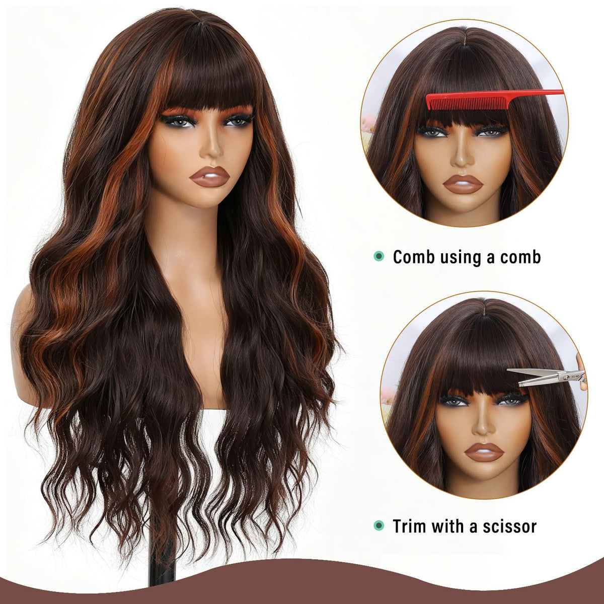 Burgundy Wig with Bangs for Women, Long Wavy Red Wig 26 Inch Wigs Heat Resistant Sythetic Wig for Daily Party Use