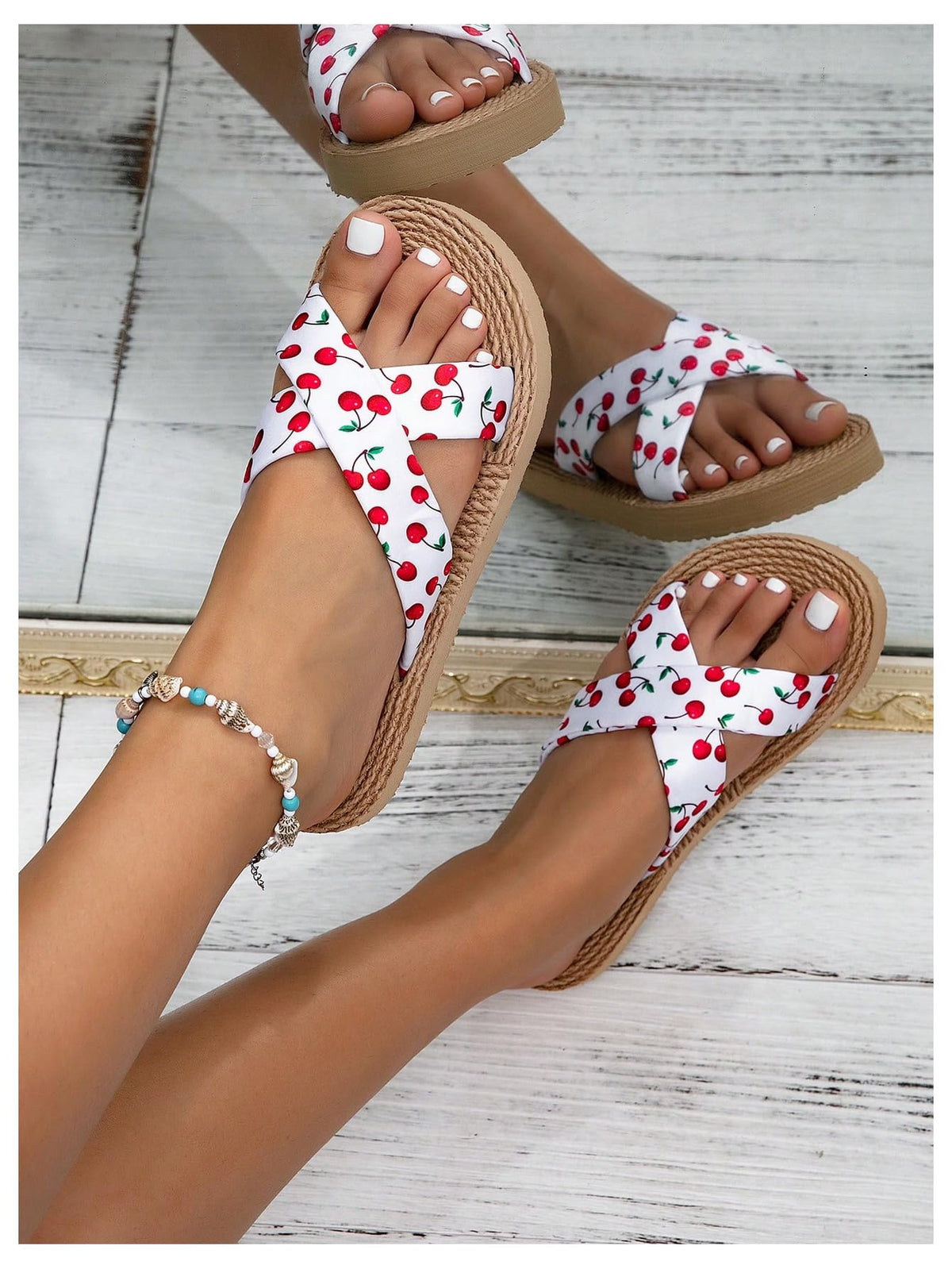 RoseSeek Women's Cherry Print Flip Flops Thick Sole Flat Sandals