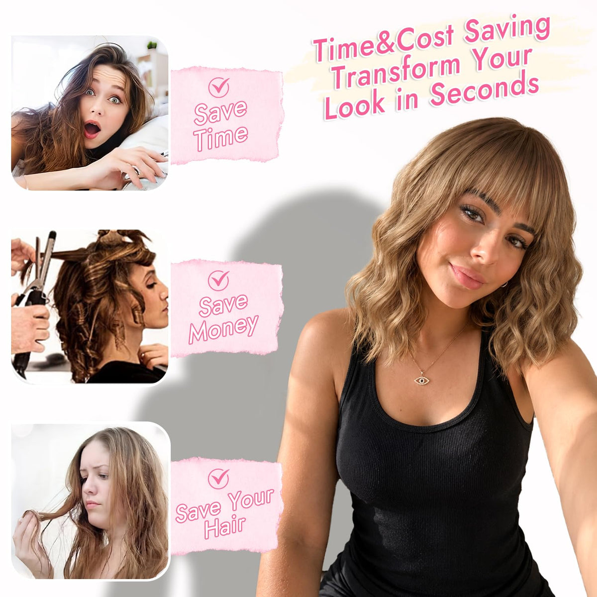 Nnzes Short Wavy Bob Wig with Bangs for Women Shoulder Length Curly Dark Brown with Purple Synthetic Heat-Resistant Fiber Hair for Daily & Party Use