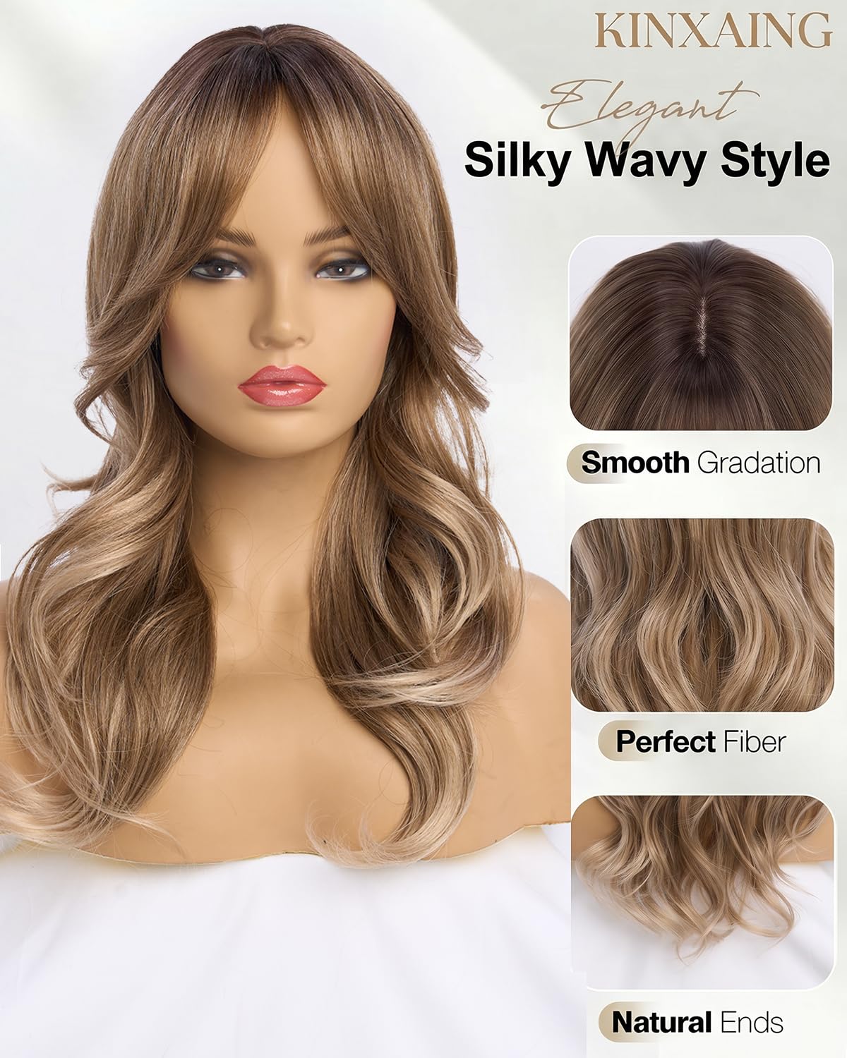 Ombre Pink Wavy Wig with Curtain Bangs 26 Inch – Long Layered Synthetic Hair Wig for Women, Natural Looking Dark Root Heat Resistant Wig, Soft Thick Full Wig for Daily Wear Party Cosplay