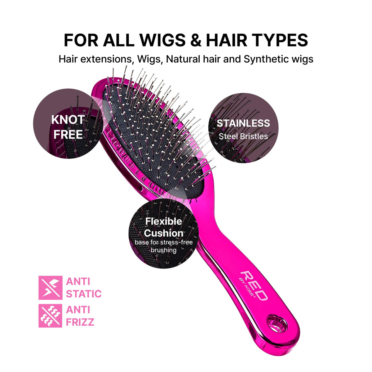 RED by Kiss Anti-Static & Anti-Frizz Wig Brush with Stainless Steel Knot-Free Bristles for Easy Detangling, Smooth Hair & Wigs Without Breakage or Snagging (Mini)