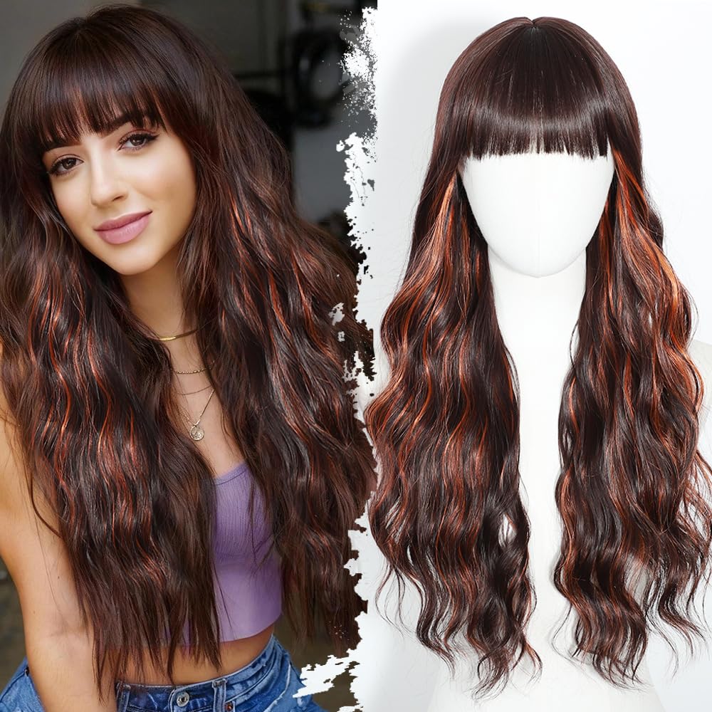 Black Wig with Bangs Long curly wavy Wigs for Women26In Synthetic Black Wig