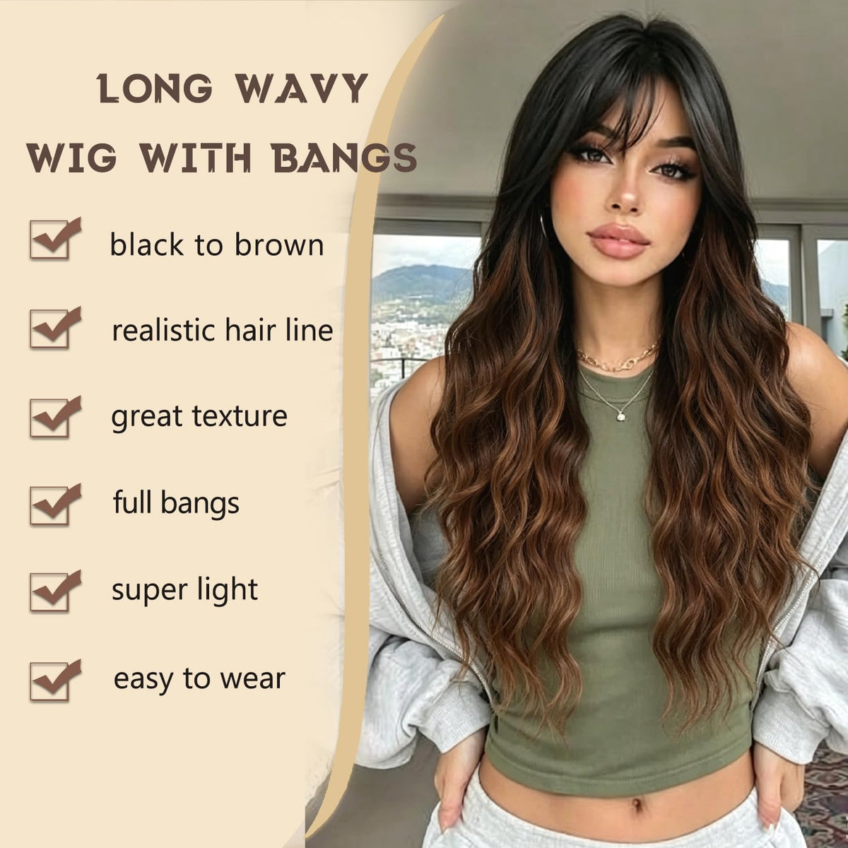 Burgundy Wig with Bangs for Women, Long Wavy Red Wig 26 Inch Wigs Heat Resistant Sythetic Wig for Daily Party Use