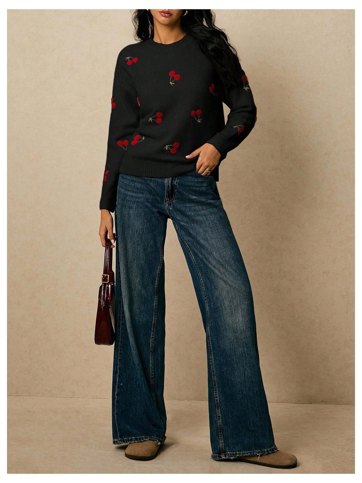 MakeMeChic Women's Cherry Embroidery Sweater Pullovers