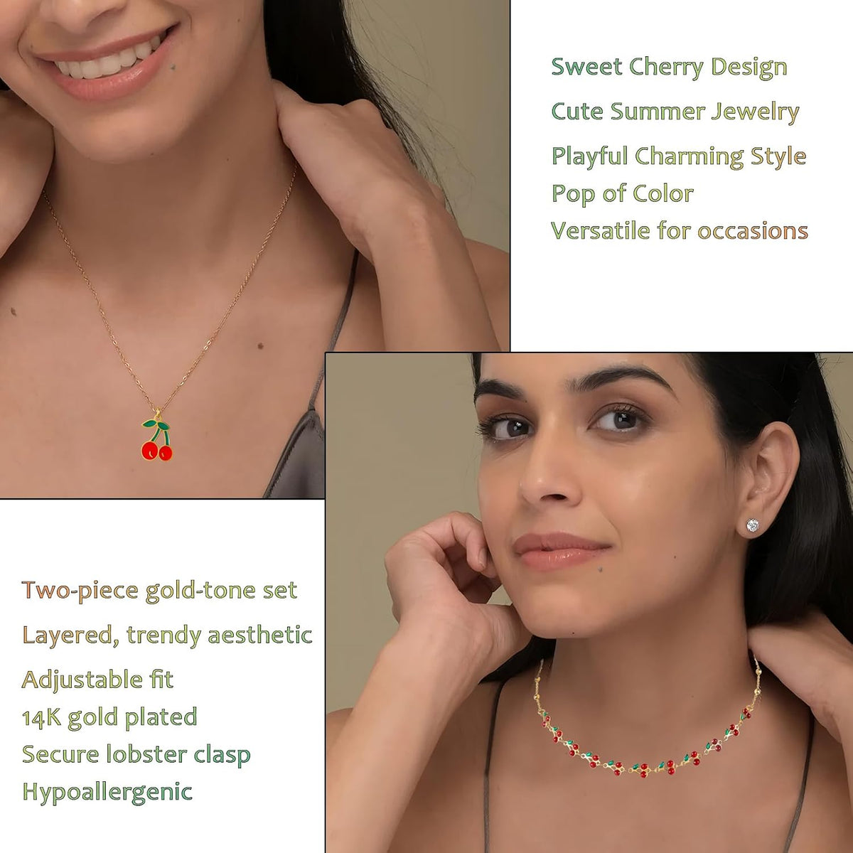 Jojomina Cherry Necklace for Women Layered Summer Jewelry Accessories 2PCs