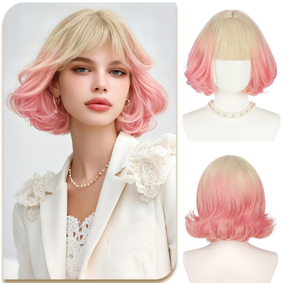 SOFEIYAN Short Wavy Violet Blue Wig - 12 Inch Dark Ginger Bob Wig with Bangs for Women Curly Shoulder Length Bob Wig with Bangs Soft Synthetic Hair Wigs for Girls Daily Party Use