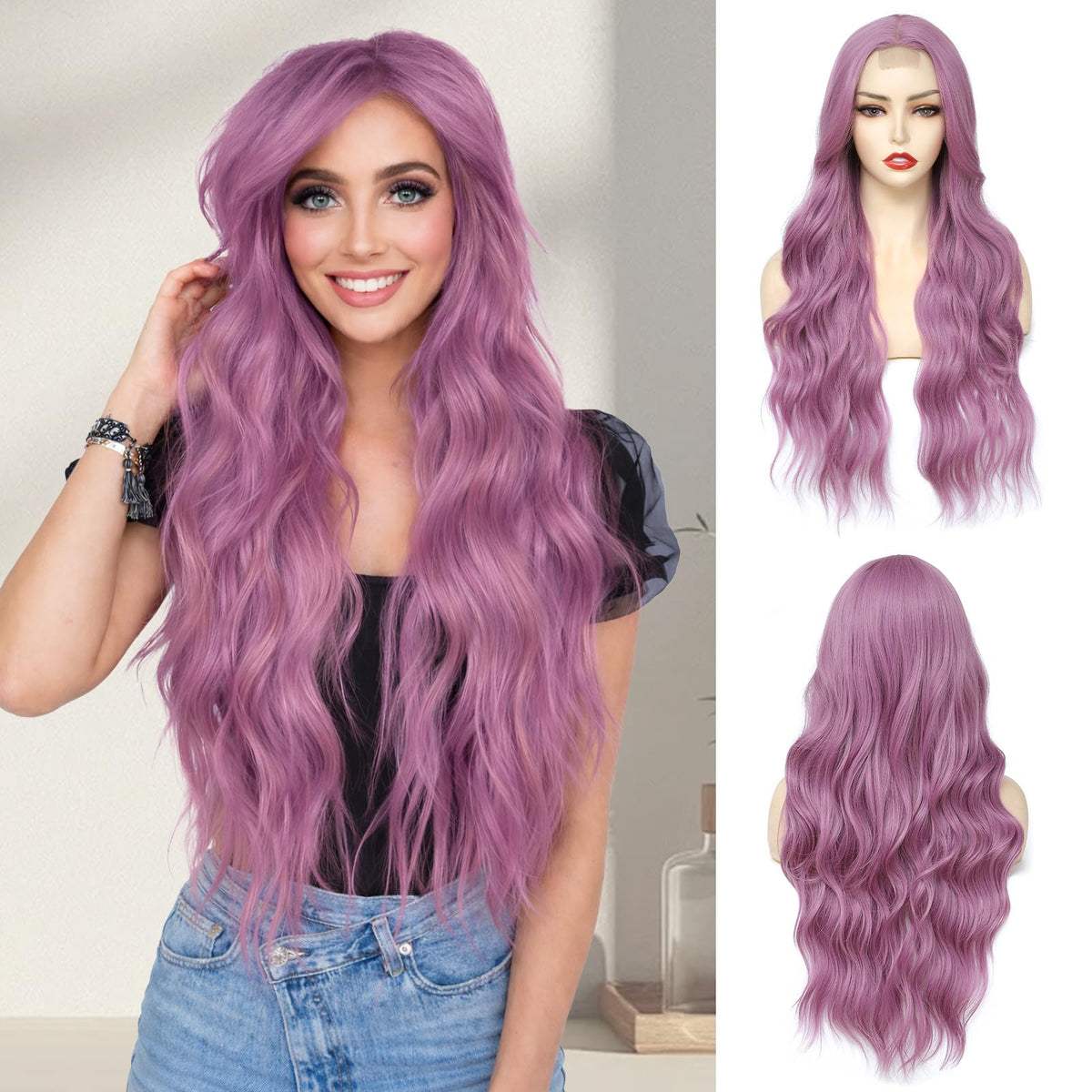 NAYOO 26 Inch Long Wavy Black Wig for Women, Middle Part Natural Looking Synthetic Wig, Heat Resistant Fiber Soft & Lightweight, Realistic Scalp Long Curly Wig for Daily Wear Party Cosplay