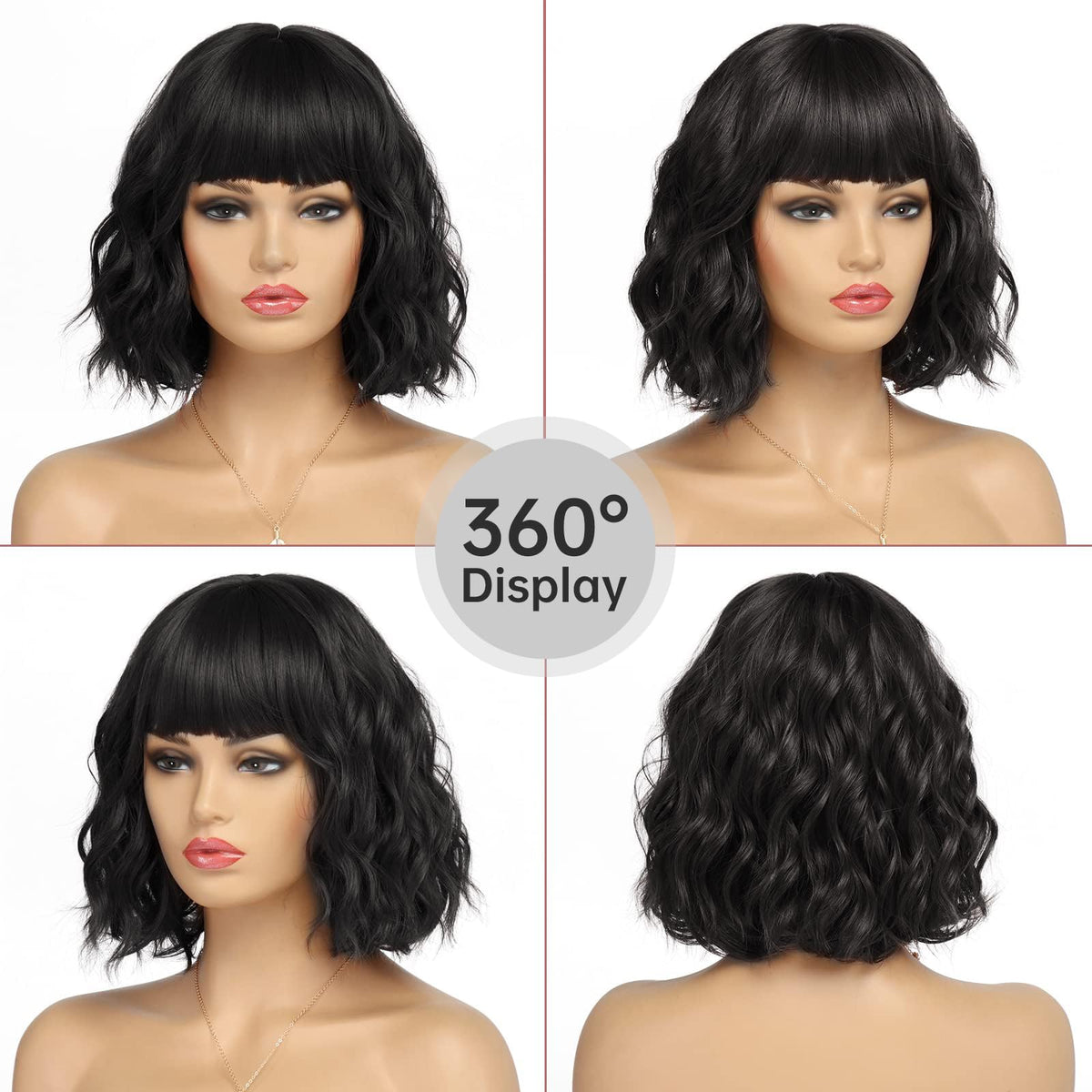 White Silver Wigs for Women Ombre Grey Wavy Bob Short Wigs with Bangs Medium Length Synthetic Hair Water Wave Dark Roots Wig Gray Colorful Wigs（14 Inches）