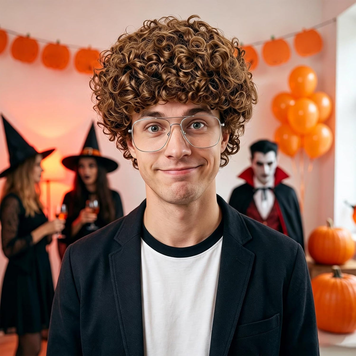 Short Brown Afro Wig with Glasses Costume Set Mens Crazy Funny Party Wigs