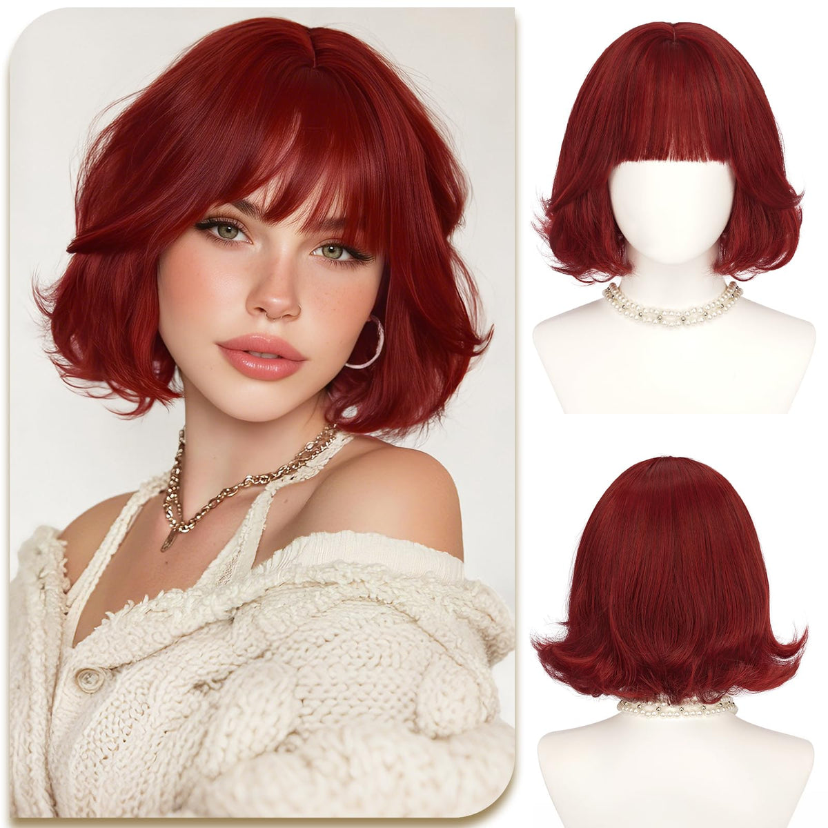 SOFEIYAN Short Wavy Violet Blue Wig - 12 Inch Dark Ginger Bob Wig with Bangs for Women Curly Shoulder Length Bob Wig with Bangs Soft Synthetic Hair Wigs for Girls Daily Party Use