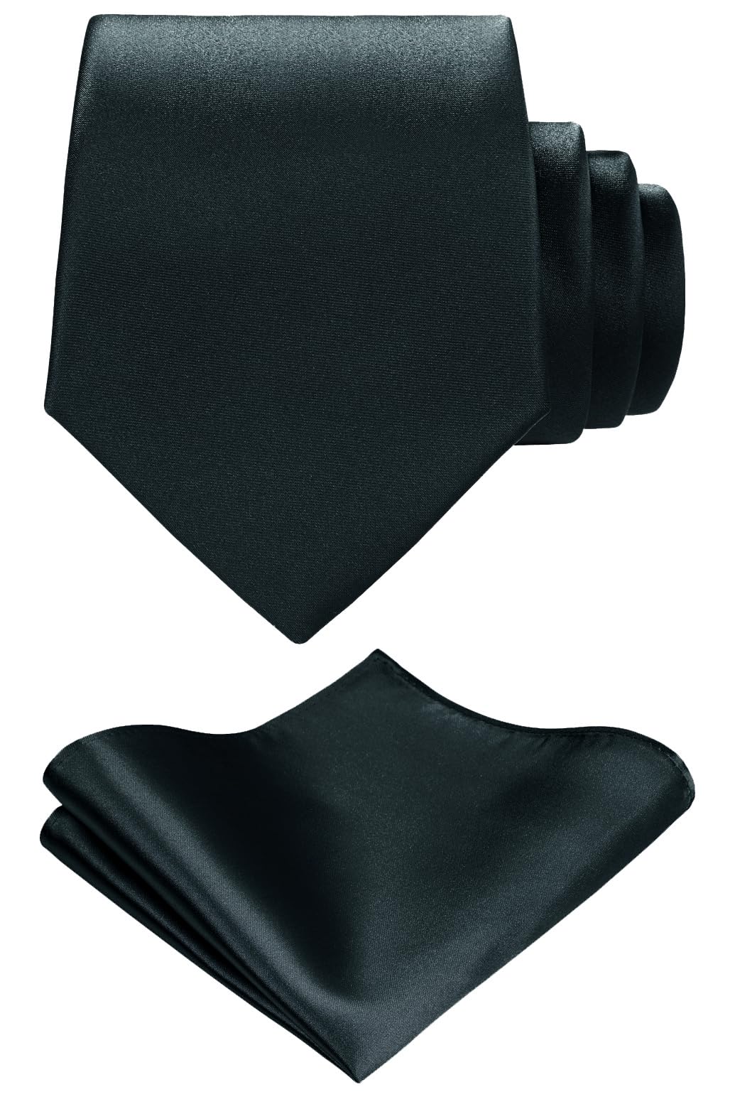 TIE G Solid Satin Woven dyed Color Formal Black Necktie and Pocket Square Sets in Gift Box