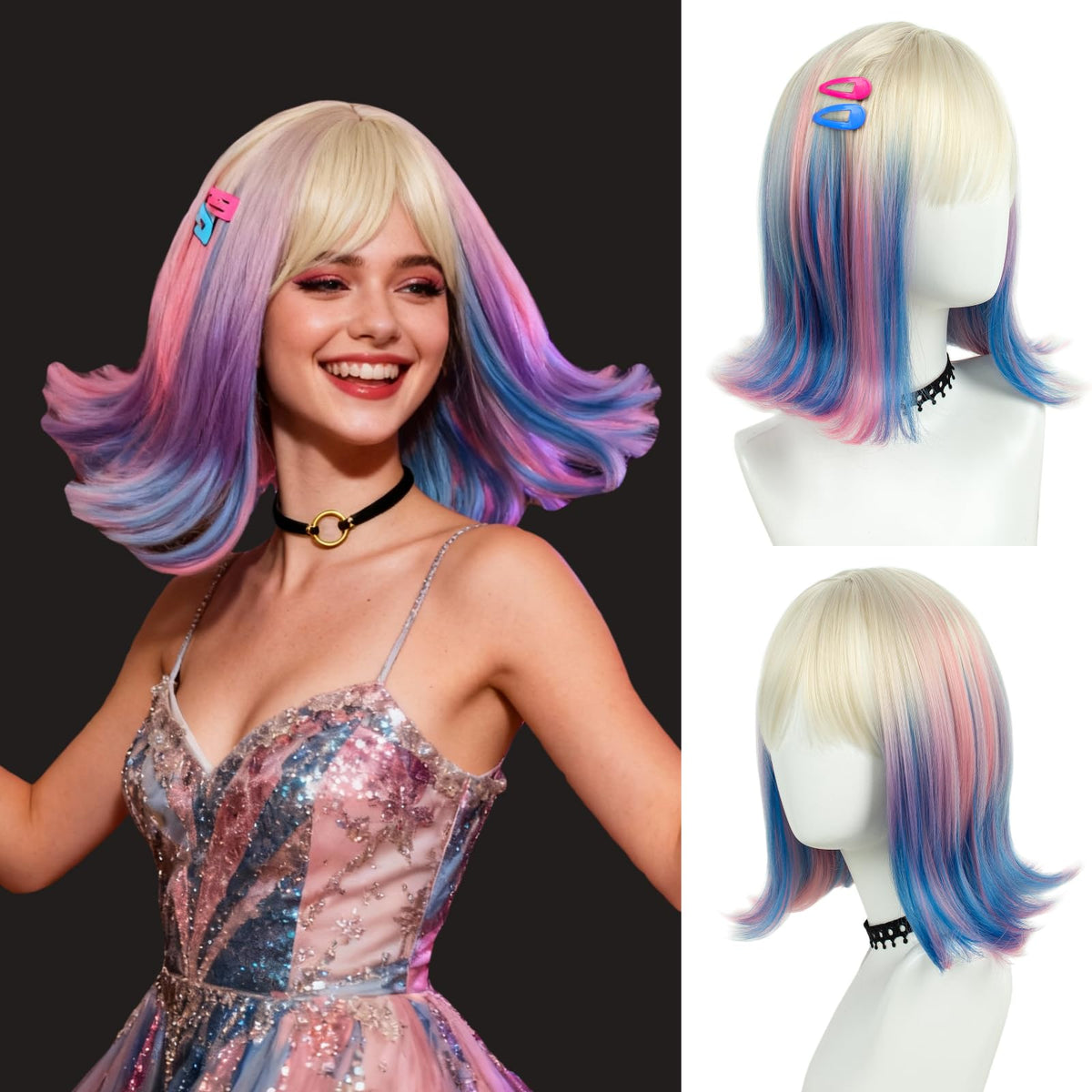 Long Pastel Wigs for Women Heat Resistant Hair Natural Wigs for Daily Cosplay Costume Party Carnival Purple-pink Gradient with Blue Highlights