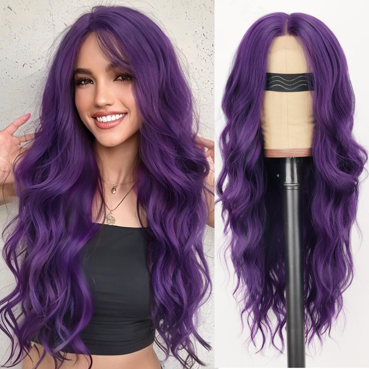 AISI HAIR Black Wig for Women, Long Wavy Lace Hairline Synthetic Wig 26Inch