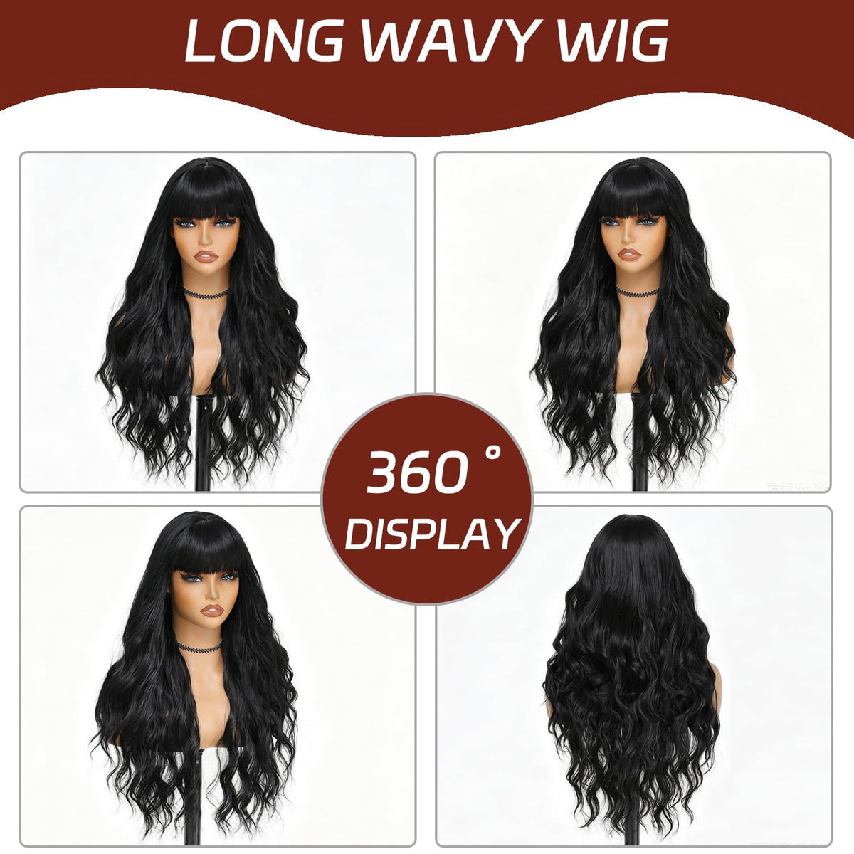 Burgundy Wig with Bangs for Women, Long Wavy Red Wig 26 Inch Wigs Heat Resistant Sythetic Wig for Daily Party Use