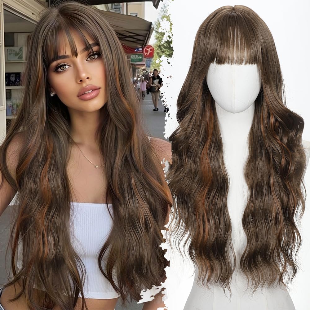 Black Wig with Bangs Long curly wavy Wigs for Women26In Synthetic Black Wig