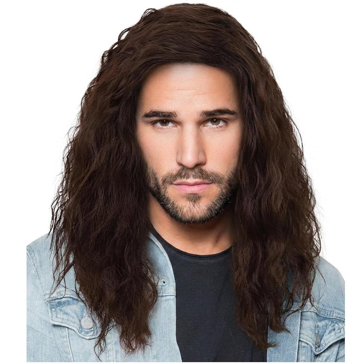 Mens Brown Wig Shoulder Length Brown Curly Male Wig