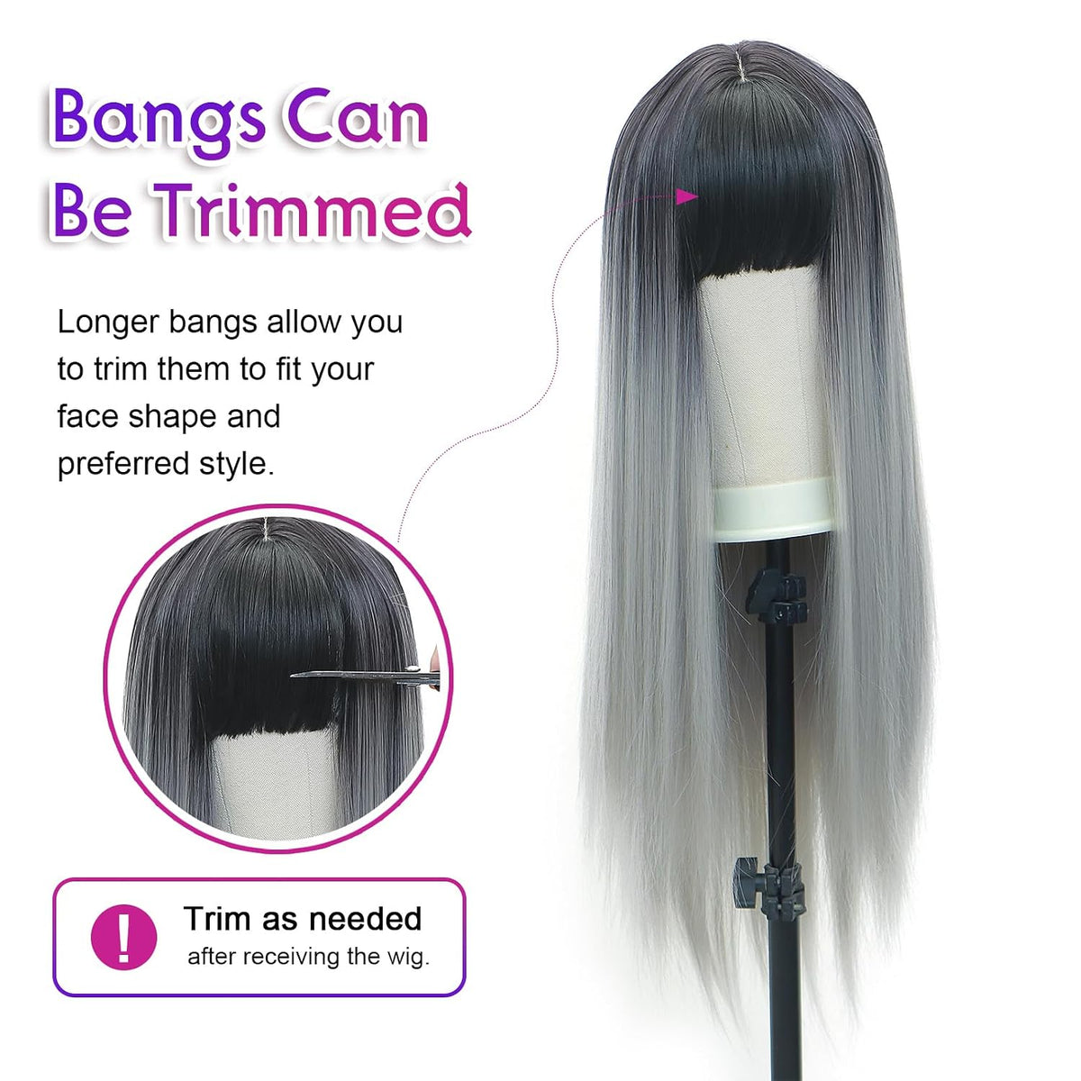 BEkjdiof Wig with Bangs Long Straight Gray Wigs for Women Halloween Wig