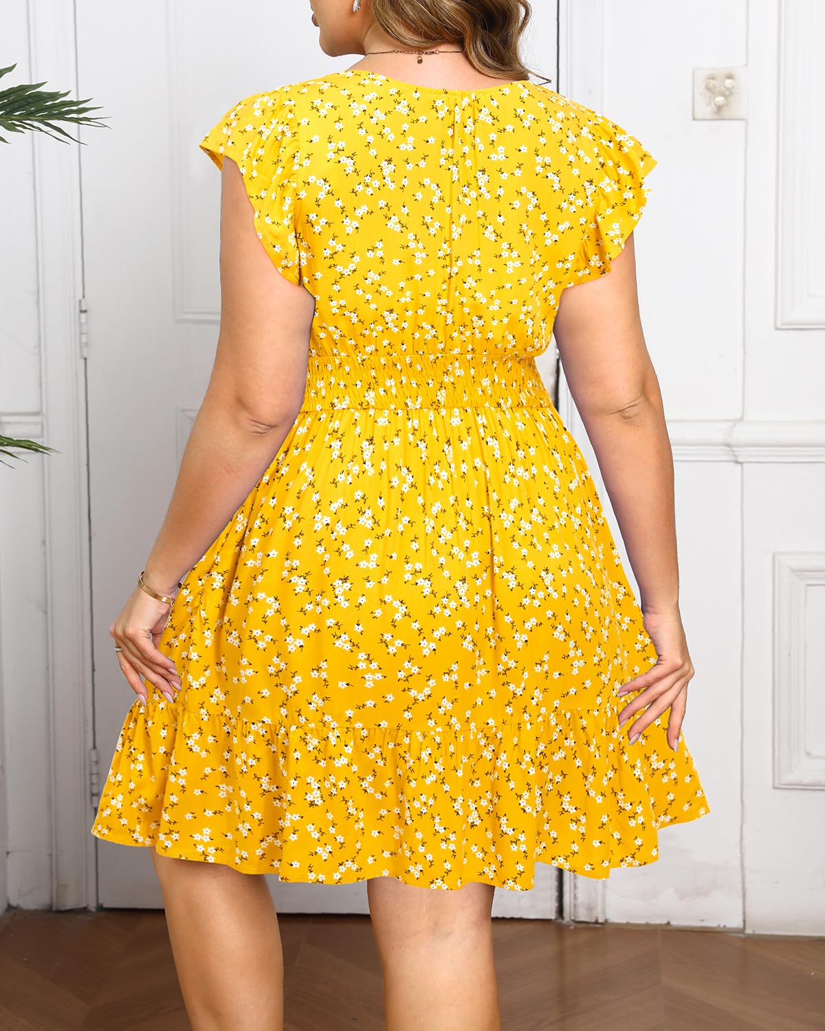 Talisea Womens Plus Size V Neck Ruffle Sleeve Flowy Summer Dress