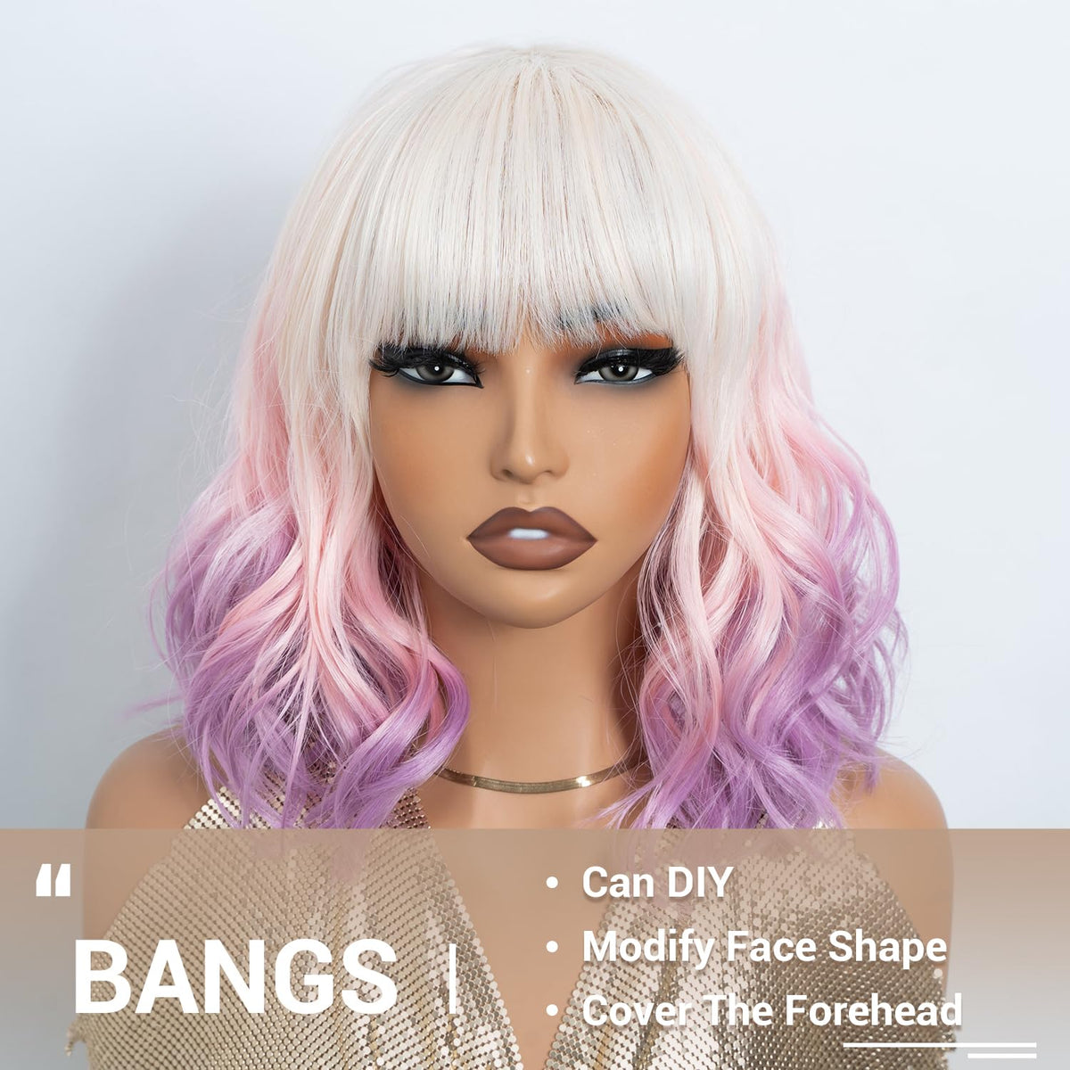 NOBLE Blue Wig with Bangs 12 Inches Short Bob Curly Wig Blue Wigs for Women Colorful Wavy Bob Wigs with Air Bangs Heat Resistant Synthetic Silver Blue Halloween Wigs for Cosplay Party