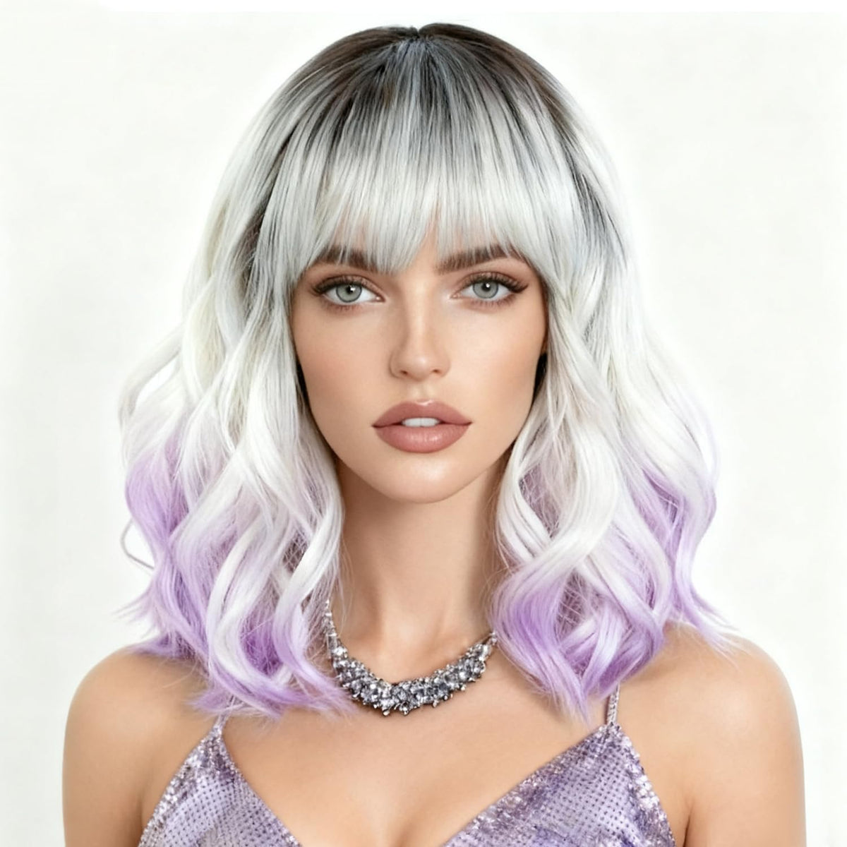 NOBLE Blue Wig with Bangs 12 Inches Short Bob Curly Wig Blue Wigs for Women Colorful Wavy Bob Wigs with Air Bangs Heat Resistant Synthetic Silver Blue Halloween Wigs for Cosplay Party