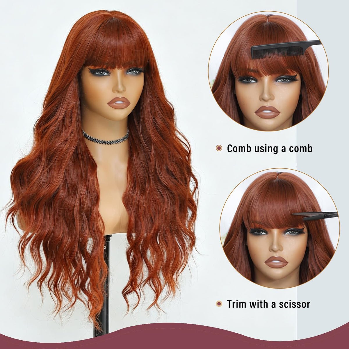 Burgundy Wig with Bangs for Women, Long Wavy Red Wig 26 Inch Wigs Heat Resistant Sythetic Wig for Daily Party Use