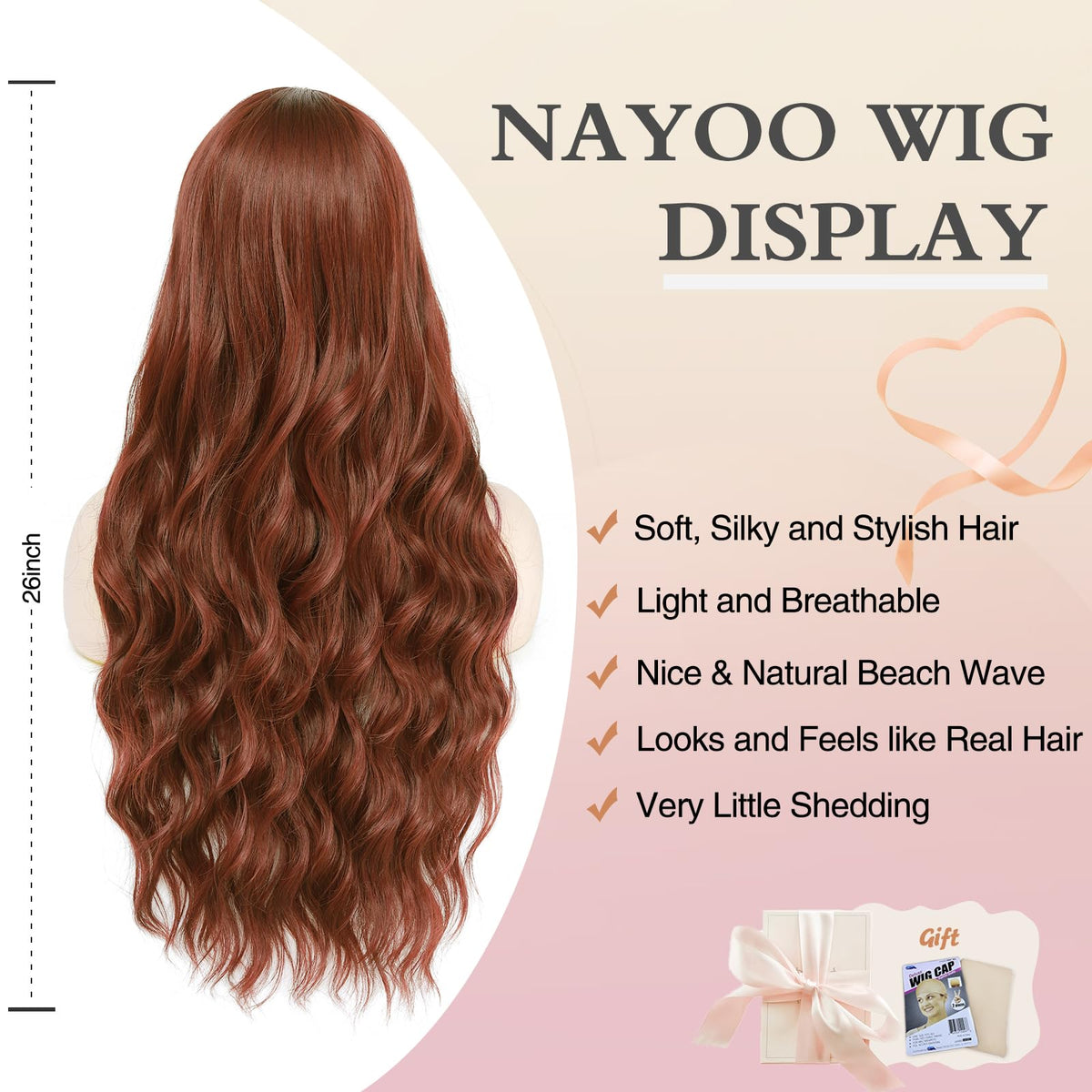 NAYOO 26 Inch Long Wavy Black Wig for Women, Middle Part Natural Looking Synthetic Wig, Heat Resistant Fiber Soft & Lightweight, Realistic Scalp Long Curly Wig for Daily Wear Party Cosplay