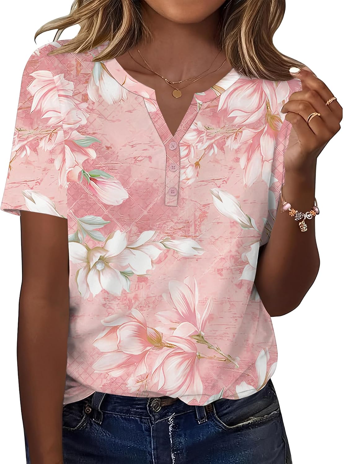 TCOT Women's Tops Dressy Casual Summer Blouses Short Sleeve Button V Neck Spring Tee Shirts