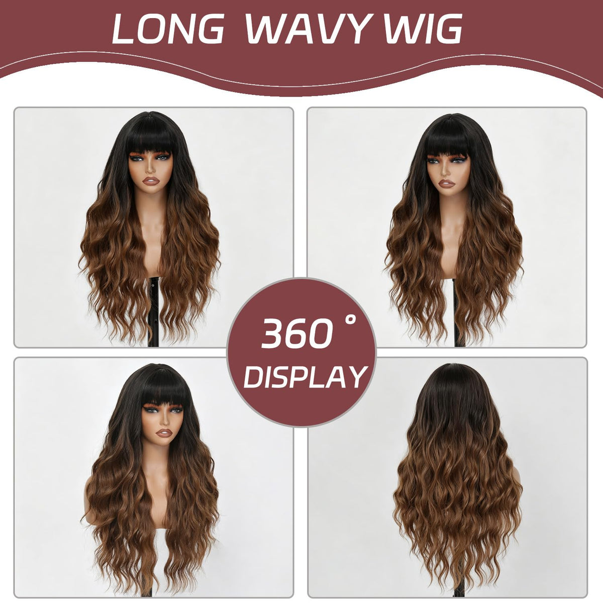 Burgundy Wig with Bangs for Women, Long Wavy Red Wig 26 Inch Wigs Heat Resistant Sythetic Wig for Daily Party Use