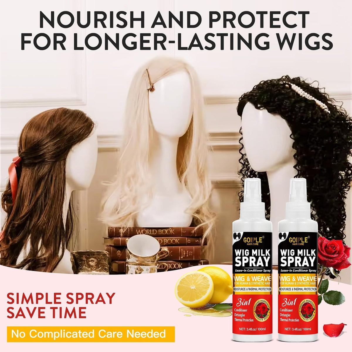 Goiple 2PCS Synthetic Wig Milk Spray, Heat Thermal Leave-In Conditioner Wig Detangler Spray for Human Wigs, Conditioner ＆ Detangler 3 in 1 Moisturizer, Synthetic Hair Wigs Easy Combing