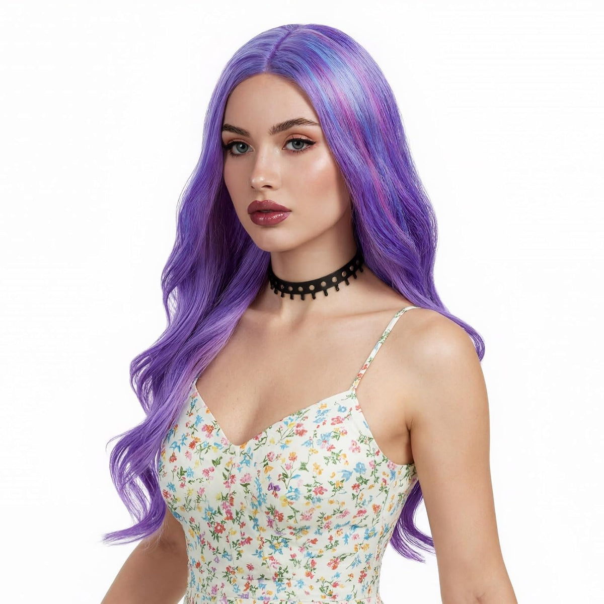 Long Pastel Wigs for Women Heat Resistant Hair Natural Wigs for Daily Cosplay Costume Party Carnival Purple-pink Gradient with Blue Highlights