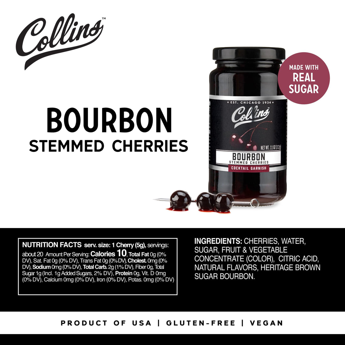 Collins Bourbon Cocktail Cherries - Drinks Garnish for Manhattan or Old Fashioned Cocktails and Desserts, Made with Award Winning Whiskey, 11 Ounce Glass Jar