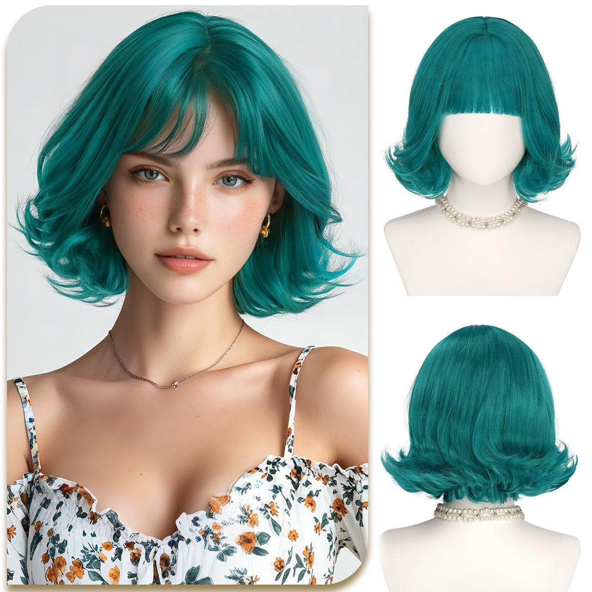 SOFEIYAN Short Wavy Violet Blue Wig - 12 Inch Dark Ginger Bob Wig with Bangs for Women Curly Shoulder Length Bob Wig with Bangs Soft Synthetic Hair Wigs for Girls Daily Party Use