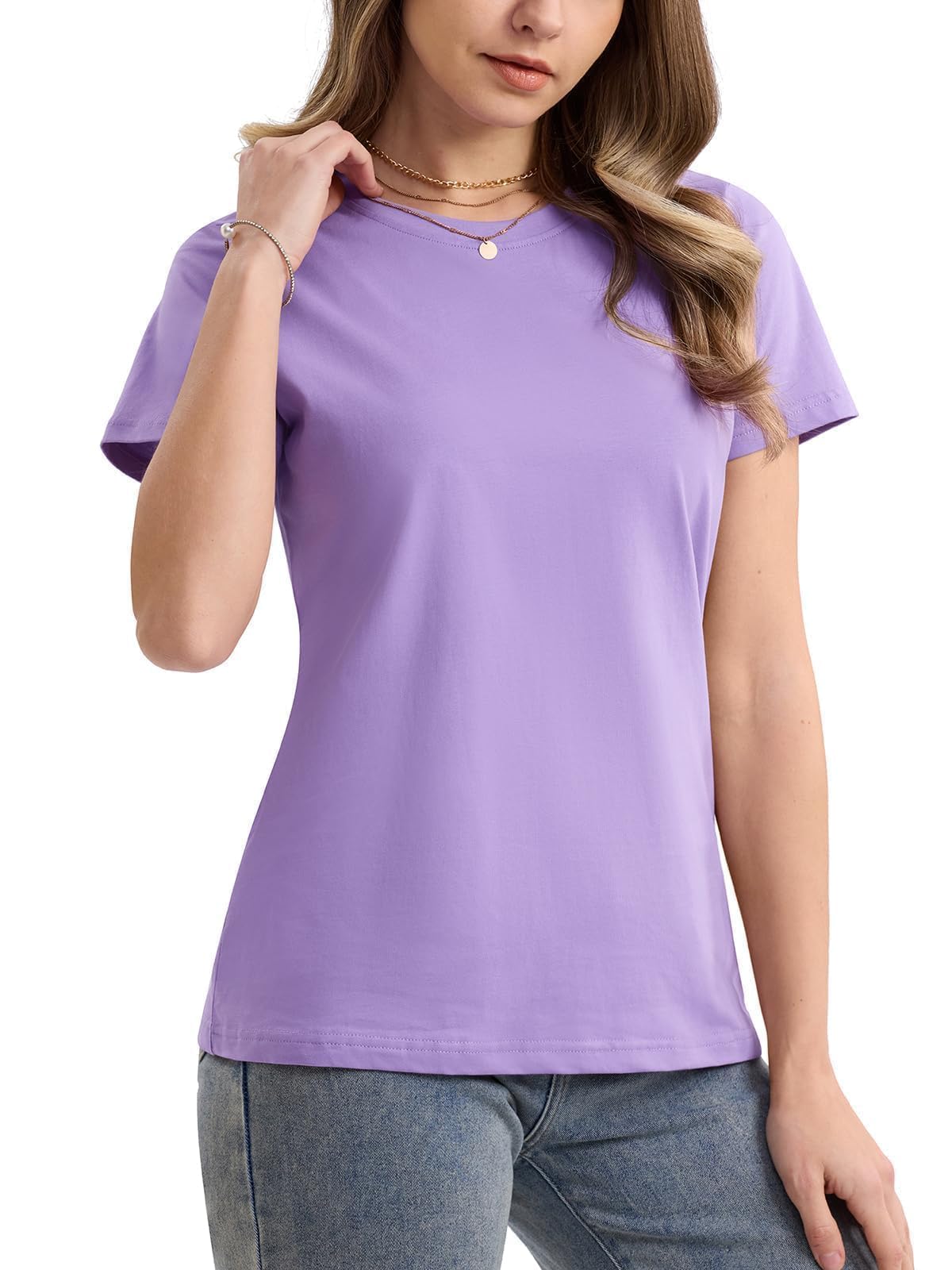 SMENG Women's Cotton Crewneck T-Shirts Short Sleeve Basic Solid Color Tee Classic-Fit Shirt Breathable Comfy Summer Top