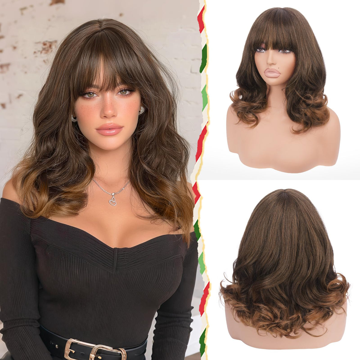 Burgundy Wig with Bangs 16 Inch Ombre Wig for Women
